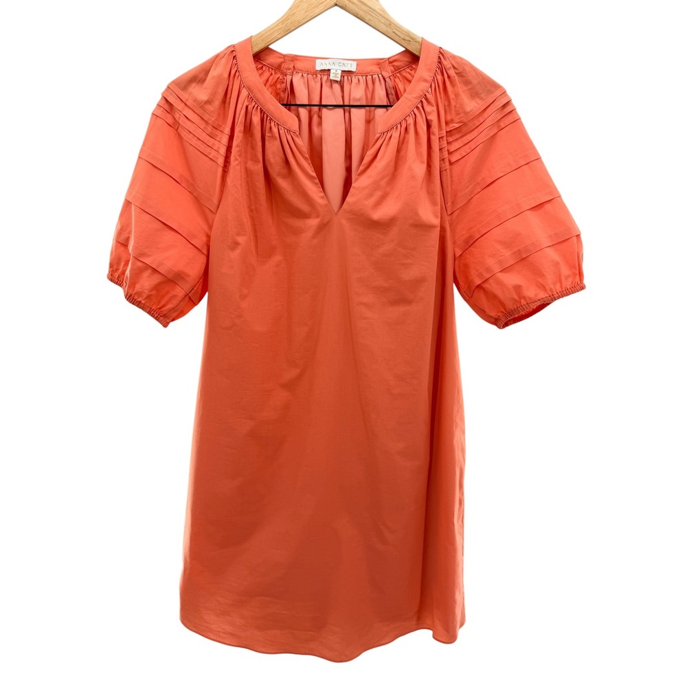 Anna Cate Meredith Dress M Coral Orange Cotton V-Neck Pintuck Pleated Sleeve
